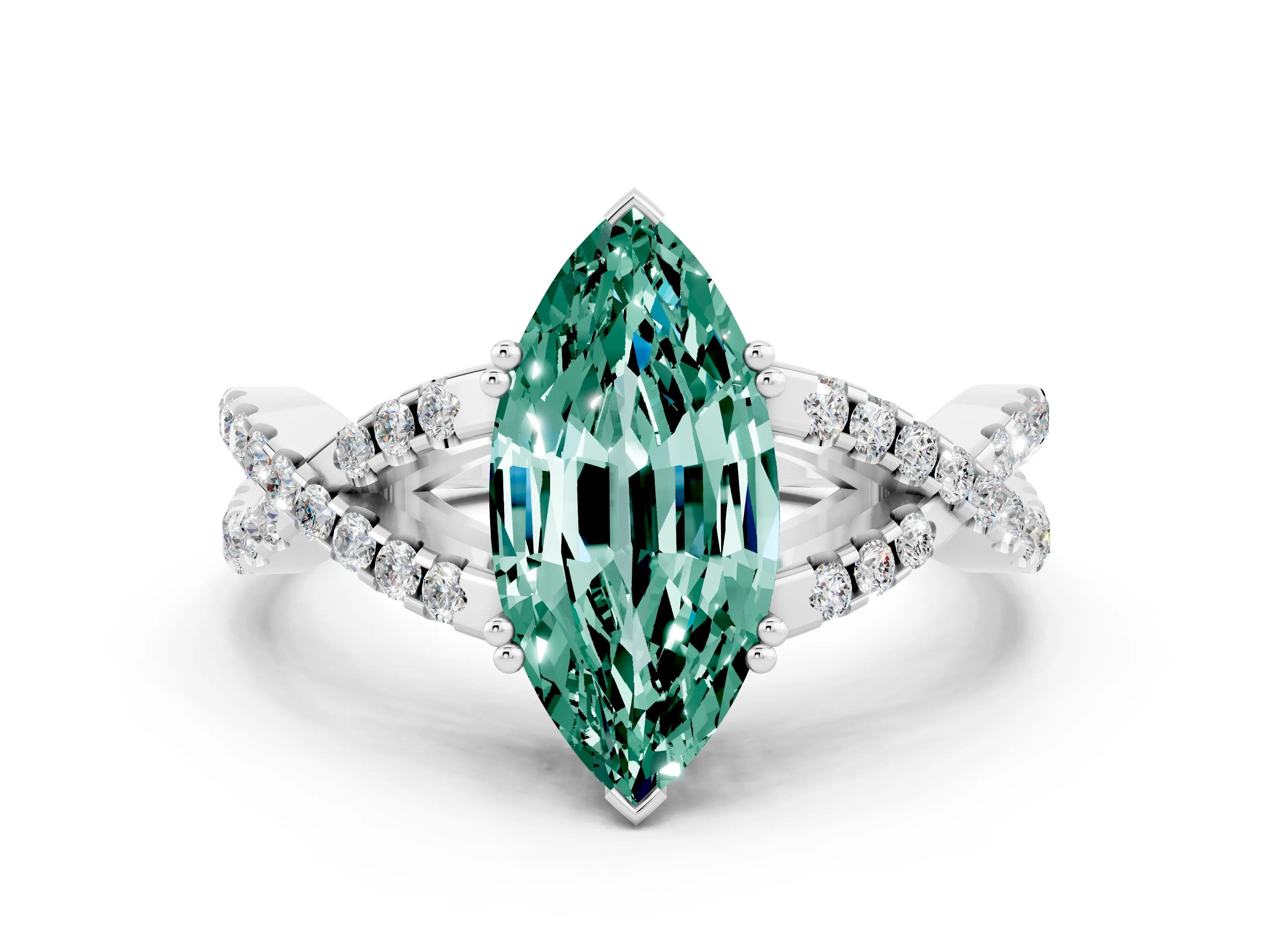 White gold Marquise Cut Green Sapphire Solitaire Ring with Four-Prong Setting and Twisted Pavé Band