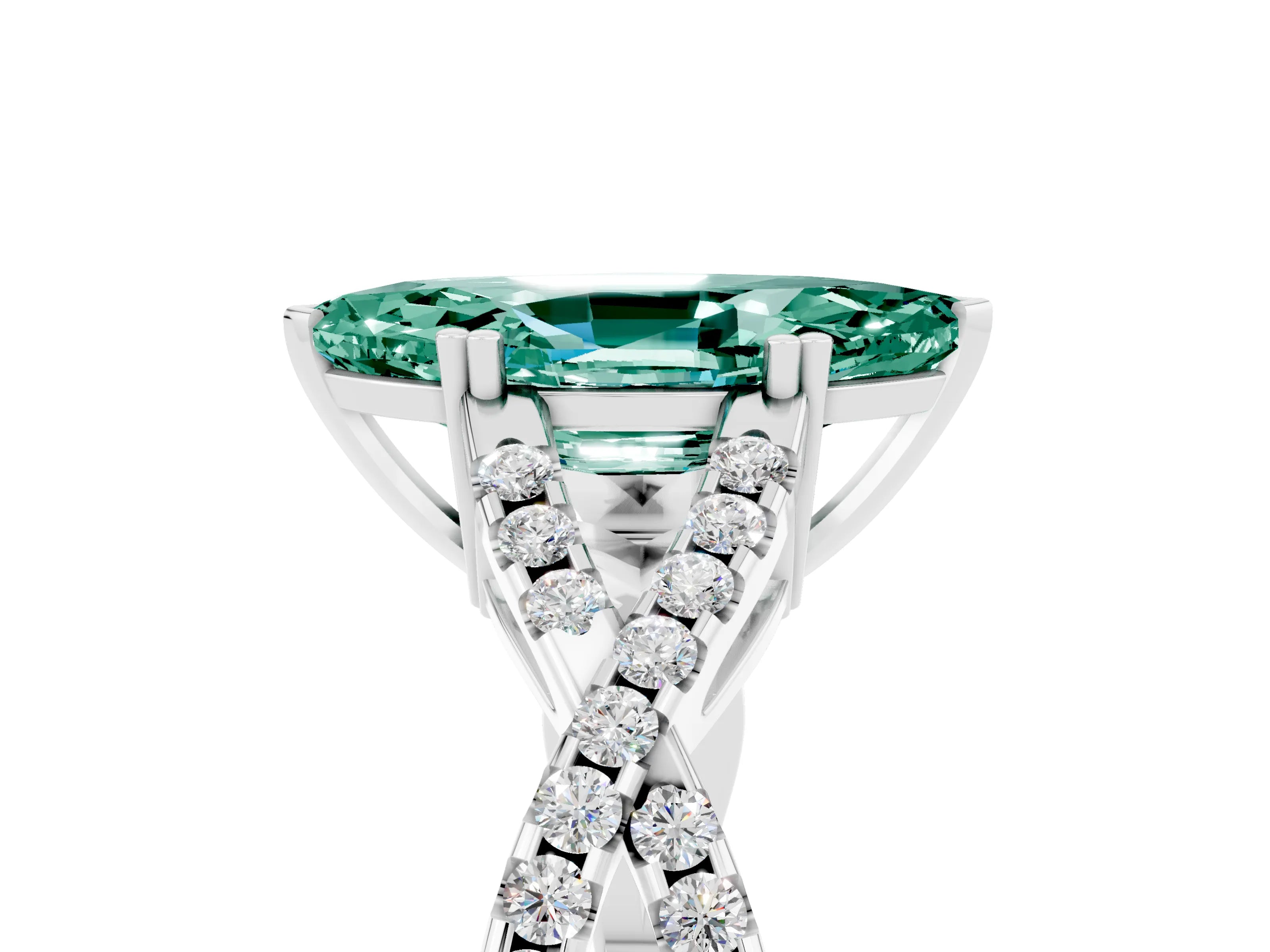 White gold Marquise Cut Green Sapphire Solitaire Ring with Four-Prong Setting and Twisted Pavé Band_5