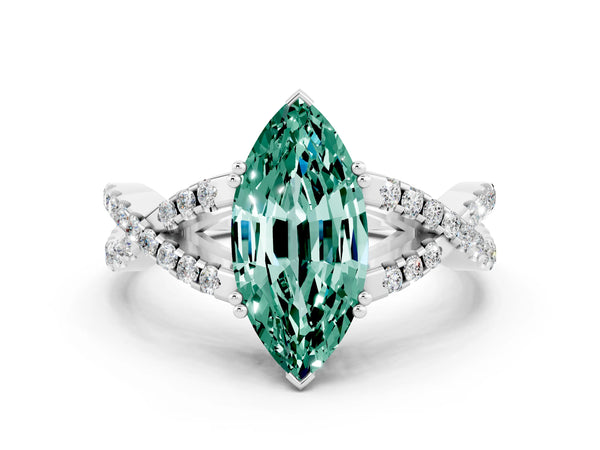 Silver Marquise Cut Green Sapphire Solitaire Ring with Four-Prong Setting and Twisted Pavé Band