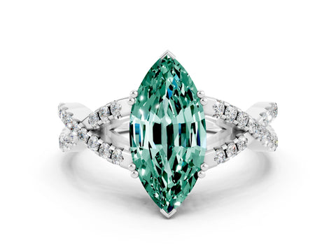 White gold Marquise Cut Green Sapphire Solitaire Ring with Four-Prong Setting and Twisted Pavé Band