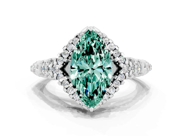 Silver Marquise Cut Green Sapphire Solitaire Ring with Hidden Halo and Pavé Band