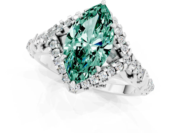 White gold Marquise Cut Green Sapphire Solitaire Ring with Hidden Halo and Pavé Band