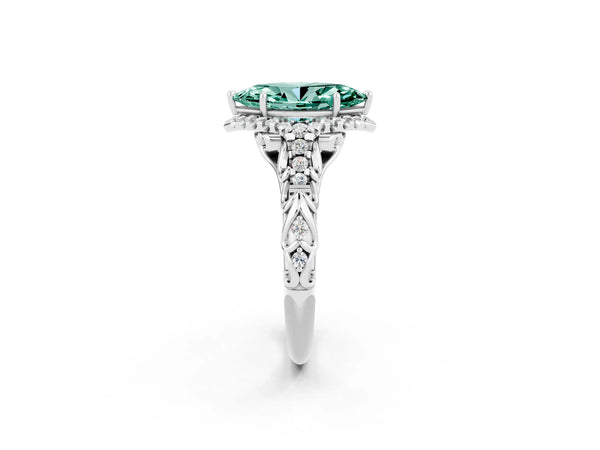 Silver Marquise Cut Green Sapphire Solitaire Ring with Hidden Halo and Pavé Band