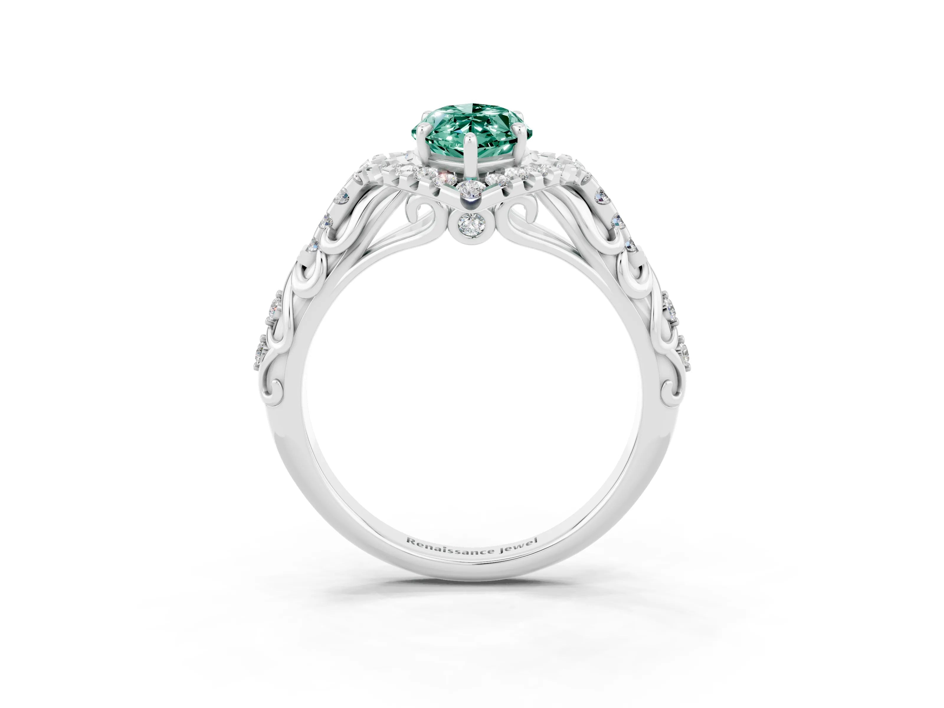 White gold Marquise Cut Green Sapphire Solitaire Ring with Hidden Halo and Pavé Band_15