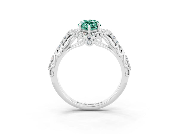 Silver Marquise Cut Green Sapphire Solitaire Ring with Hidden Halo and Pavé Band