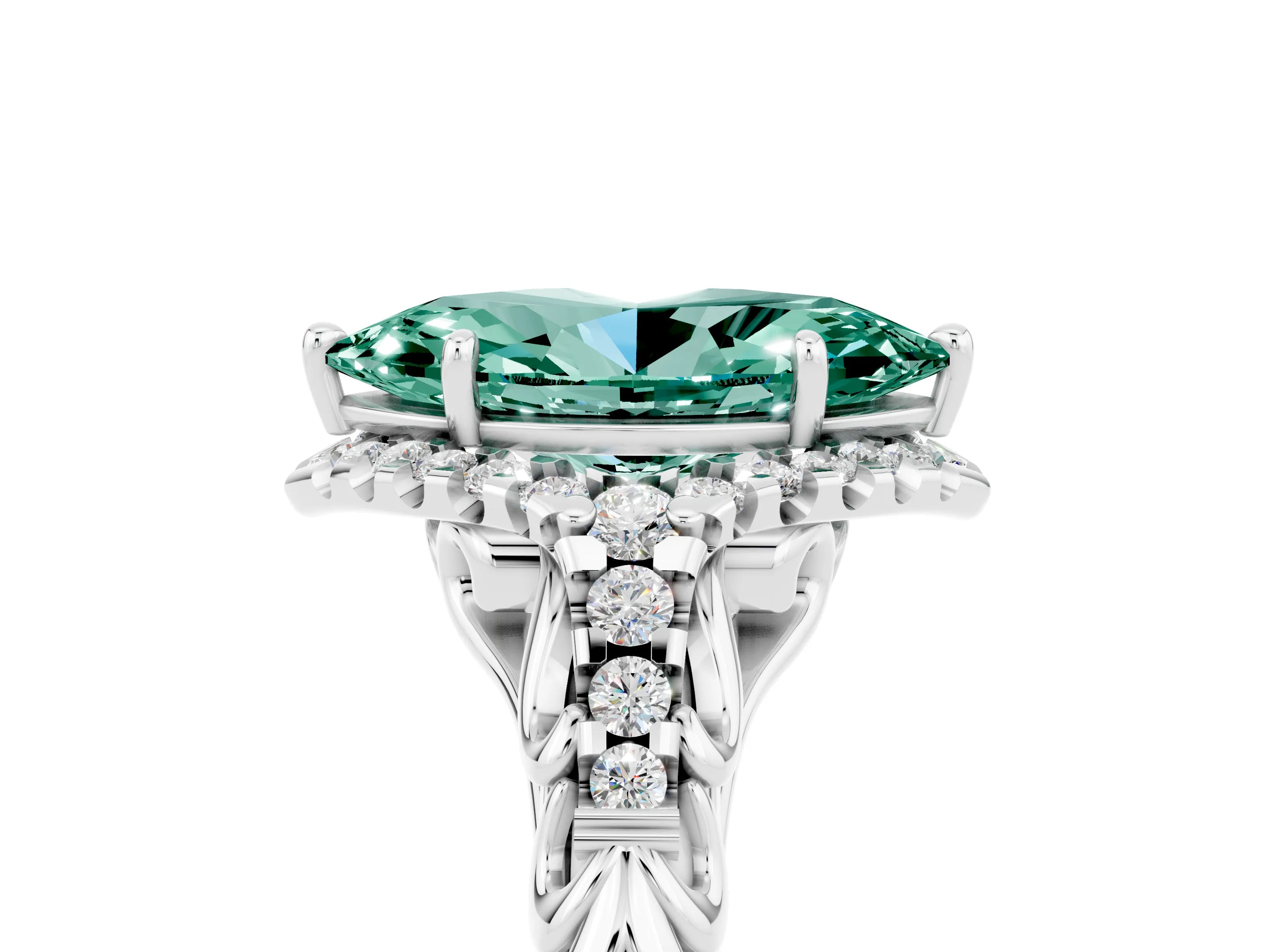 White gold Marquise Cut Green Sapphire Solitaire Ring with Hidden Halo and Pavé Band_17