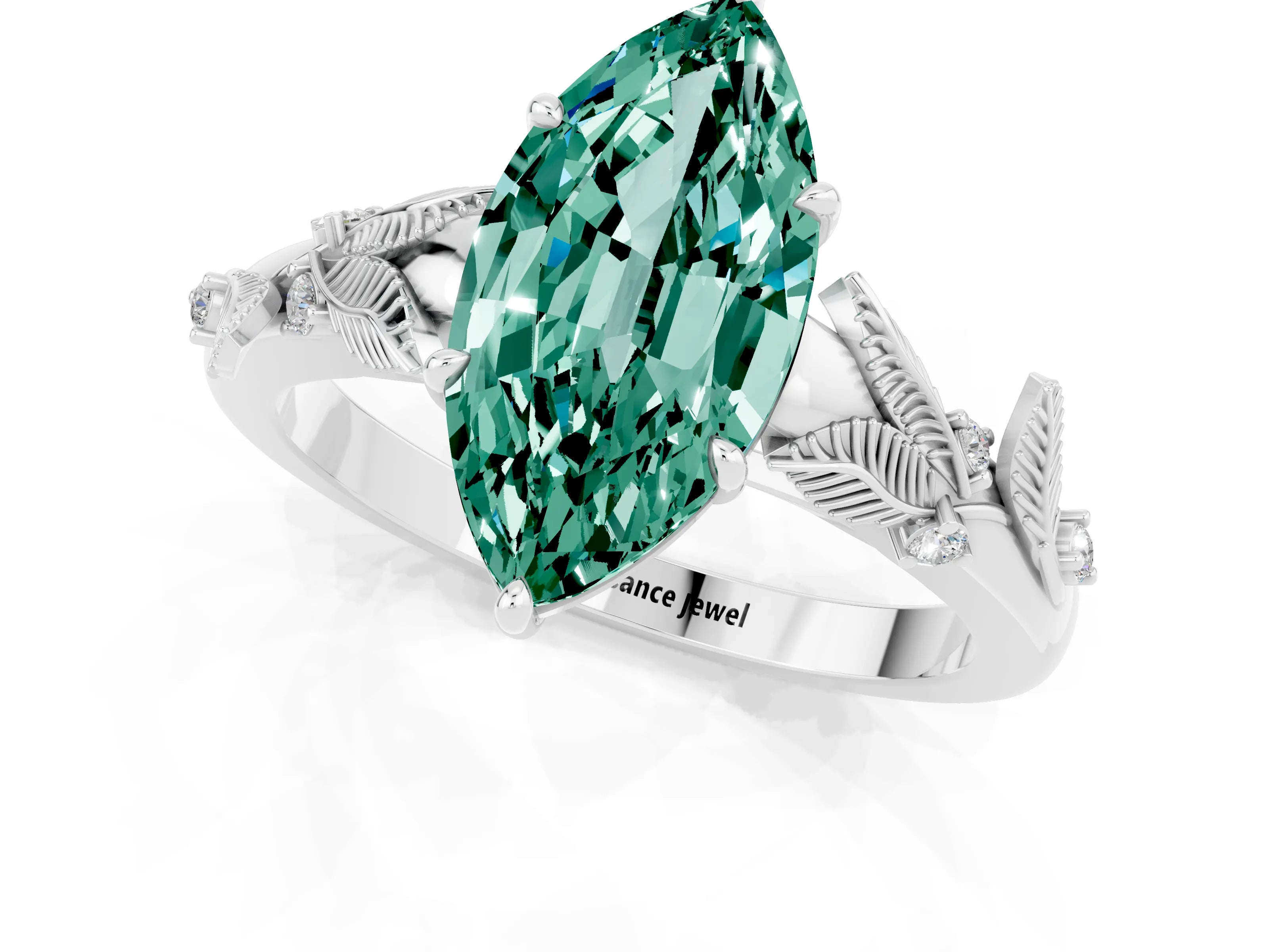 White gold Marquise Cut Green Sapphire Solitaire Ring with Leaf Motif Band and Four-Prong Setting_1