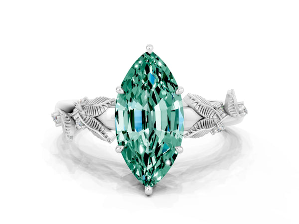 White gold Marquise Cut Green Sapphire Solitaire Ring with Leaf Motif Band and Four-Prong Setting
