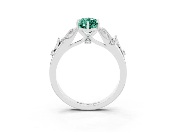 White gold Marquise Cut Green Sapphire Solitaire Ring with Leaf Motif Band and Four-Prong Setting