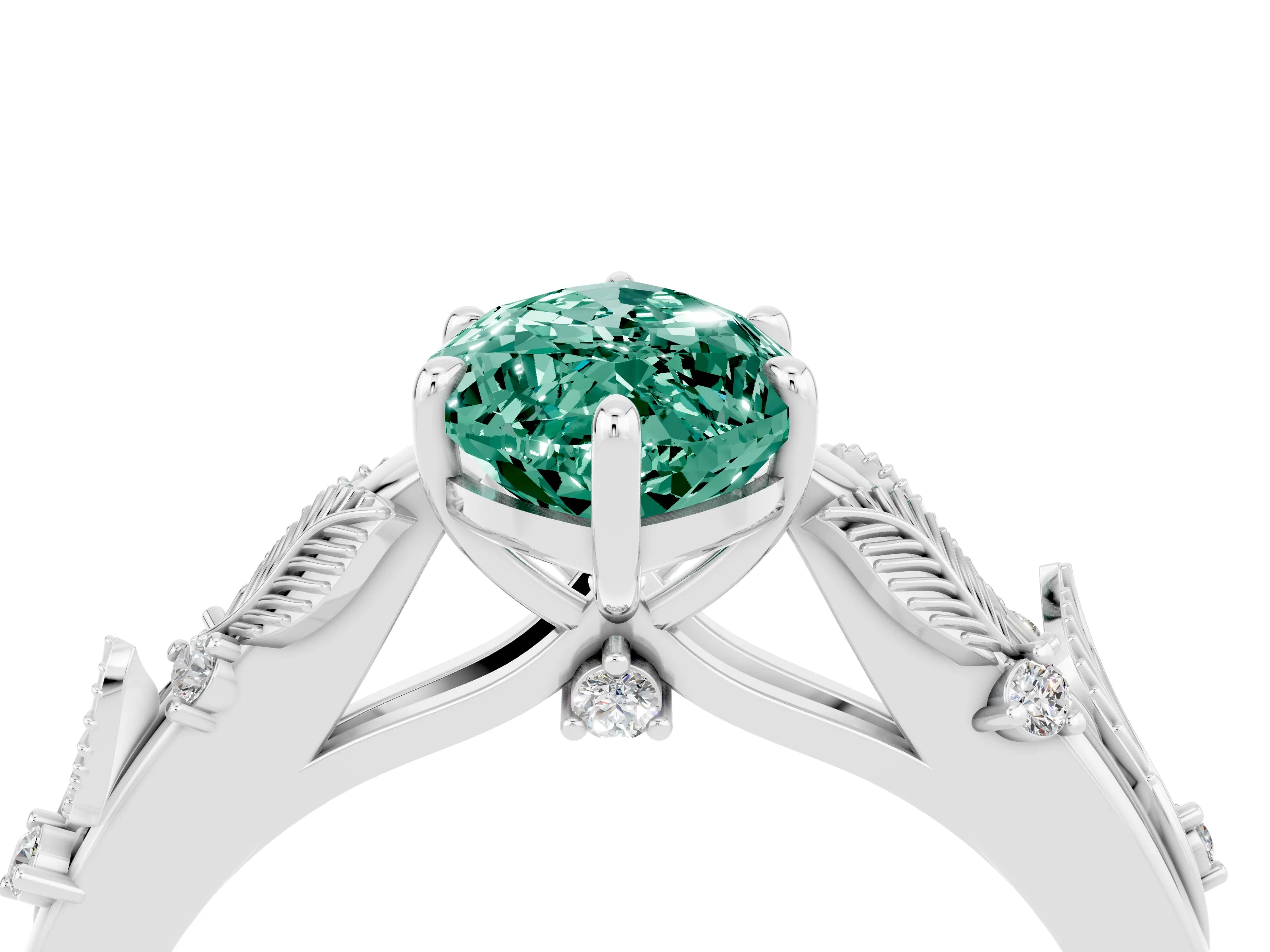White gold Marquise Cut Green Sapphire Solitaire Ring with Leaf Motif Band and Four-Prong Setting_16