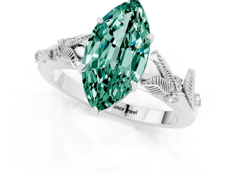 White gold Marquise Cut Green Sapphire Solitaire Ring with Leaf Motif Band and Four-Prong Setting_1