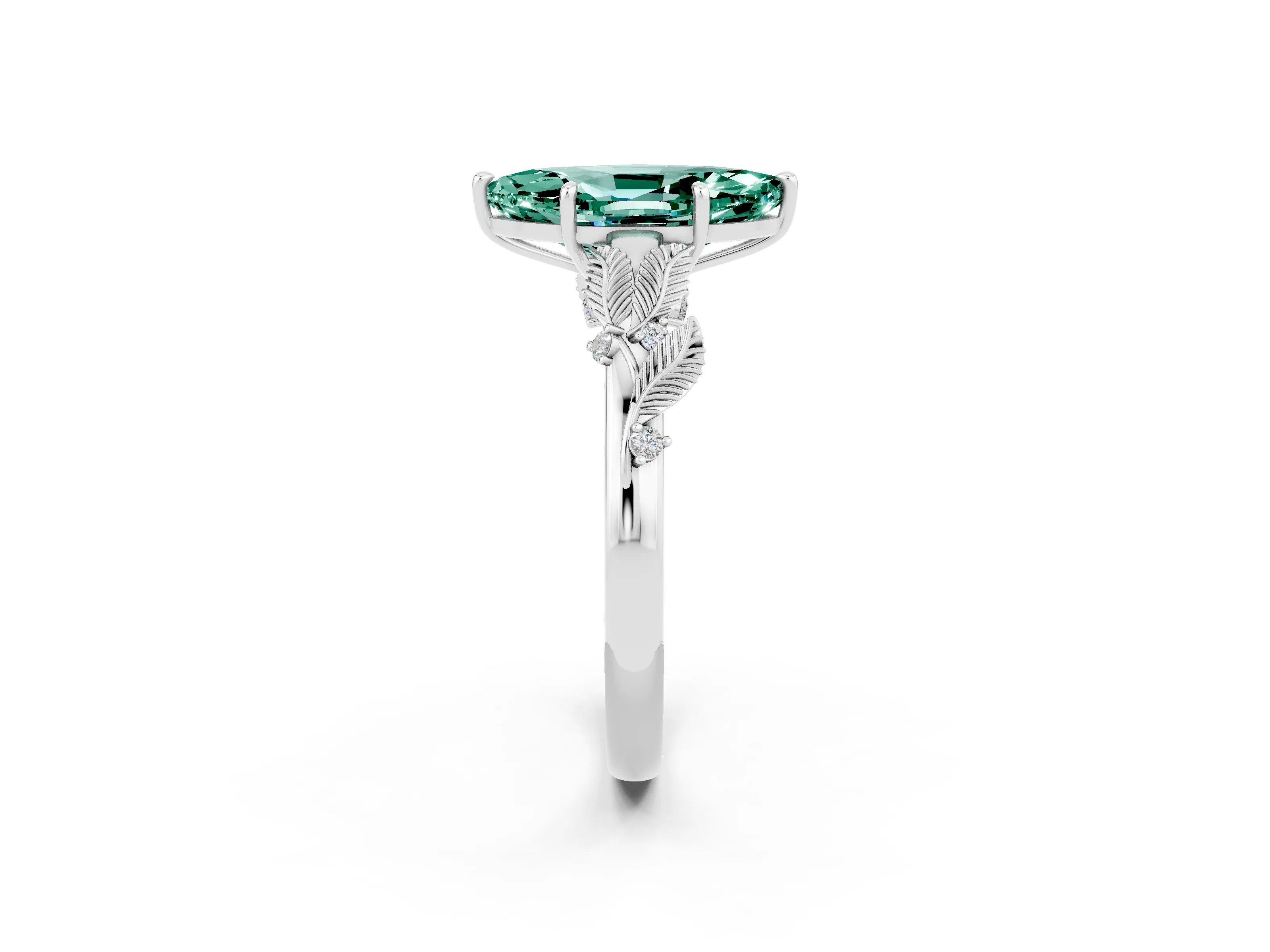 White gold Marquise Cut Green Sapphire Solitaire Ring with Leaf Motif Band and Four-Prong Setting_2