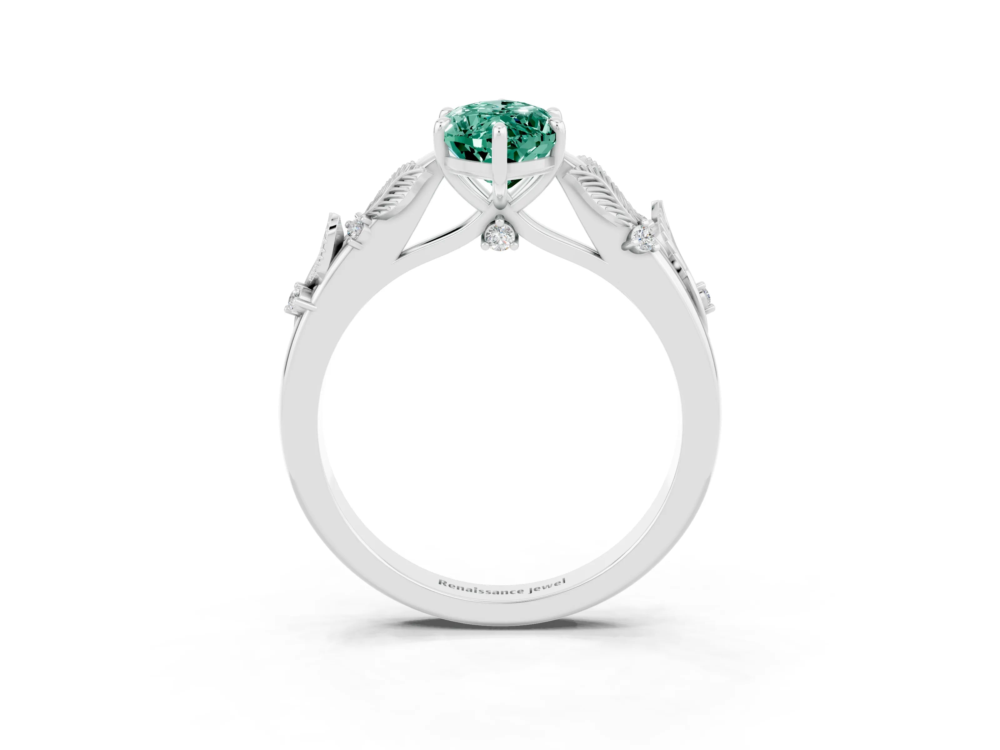 White gold Marquise Cut Green Sapphire Solitaire Ring with Leaf Motif Band and Four-Prong Setting_3
