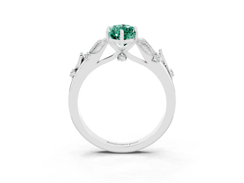 White gold Marquise Cut Green Sapphire Solitaire Ring with Leaf Motif Band and Four-Prong Setting_3