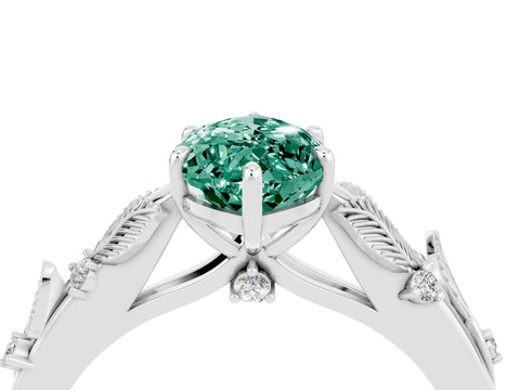 White gold Marquise Cut Green Sapphire Solitaire Ring with Leaf Motif Band and Four-Prong Setting_4