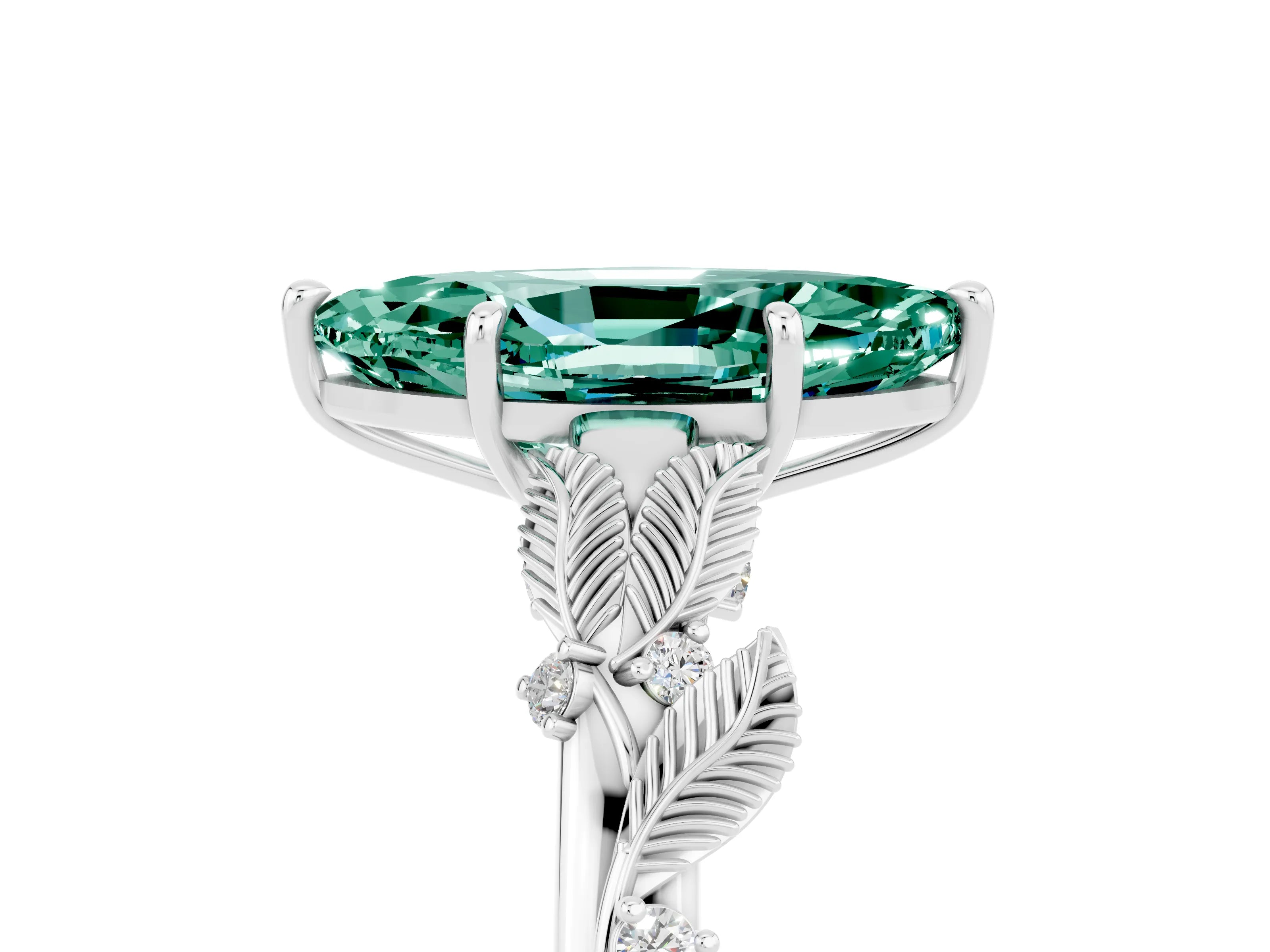 White gold Marquise Cut Green Sapphire Solitaire Ring with Leaf Motif Band and Four-Prong Setting_5