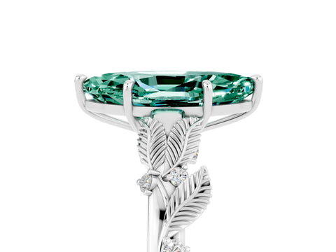 White gold Marquise Cut Green Sapphire Solitaire Ring with Leaf Motif Band and Four-Prong Setting_5
