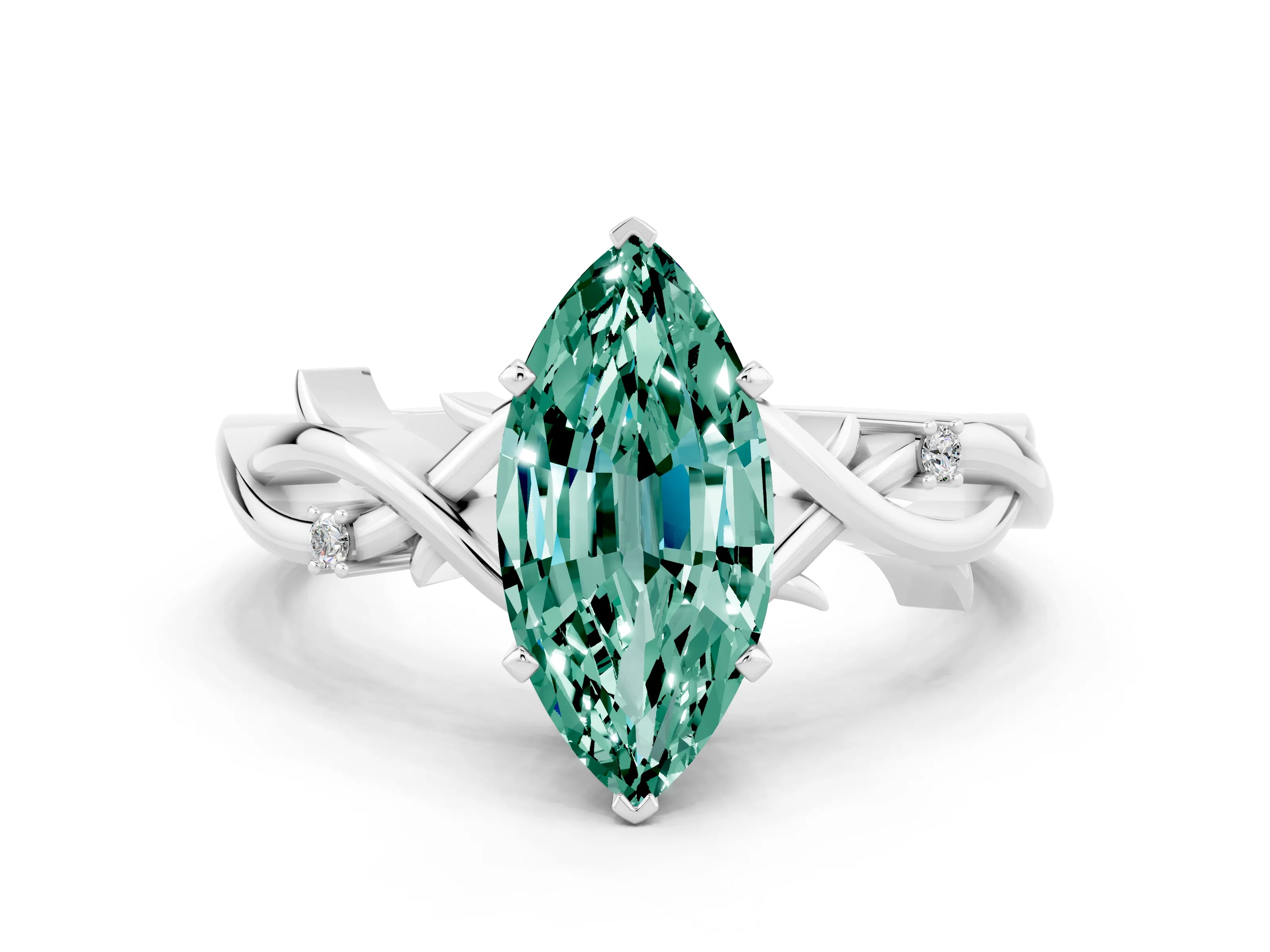 White gold Marquise Cut Green Sapphire Solitaire Ring with Milgrain Pavé Band and Four-Prong Setting_12