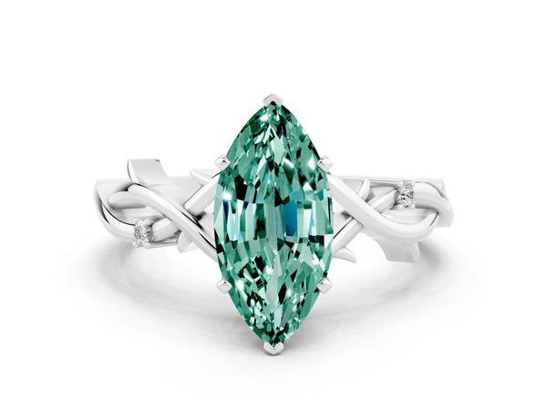Platinum Marquise Cut Green Sapphire Solitaire Ring with Milgrain Pavé Band and Four-Prong Setting