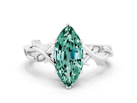 White gold Marquise Cut Green Sapphire Solitaire Ring with Milgrain Pavé Band and Four-Prong Setting_12