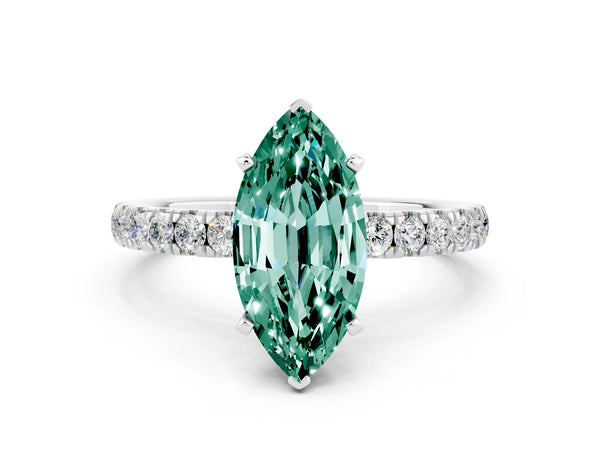 Platinum Marquise Cut Green Sapphire Solitaire Ring with Pavé Accents and Four-Prong Setting