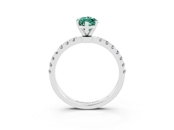 Platinum Marquise Cut Green Sapphire Solitaire Ring with Pavé Accents and Four-Prong Setting