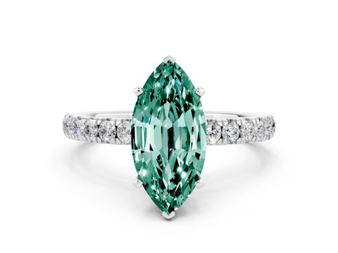 White gold Marquise Cut Green Sapphire Solitaire Ring with Pavé Accents and Four-Prong Setting