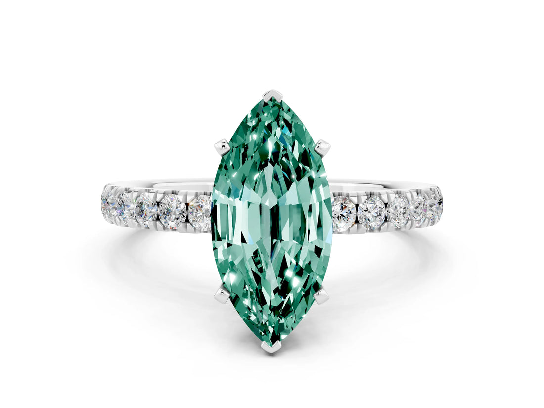 White gold Marquise Cut Green Sapphire Solitaire Ring with Pavé Accents and Four-Prong Setting