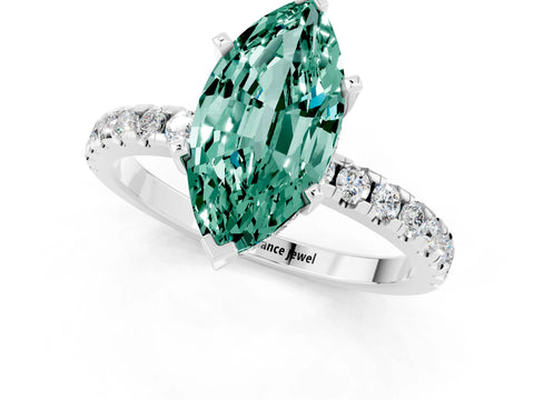 White gold Marquise Cut Green Sapphire Solitaire Ring with Pavé Band and Four-Prong Setting_25