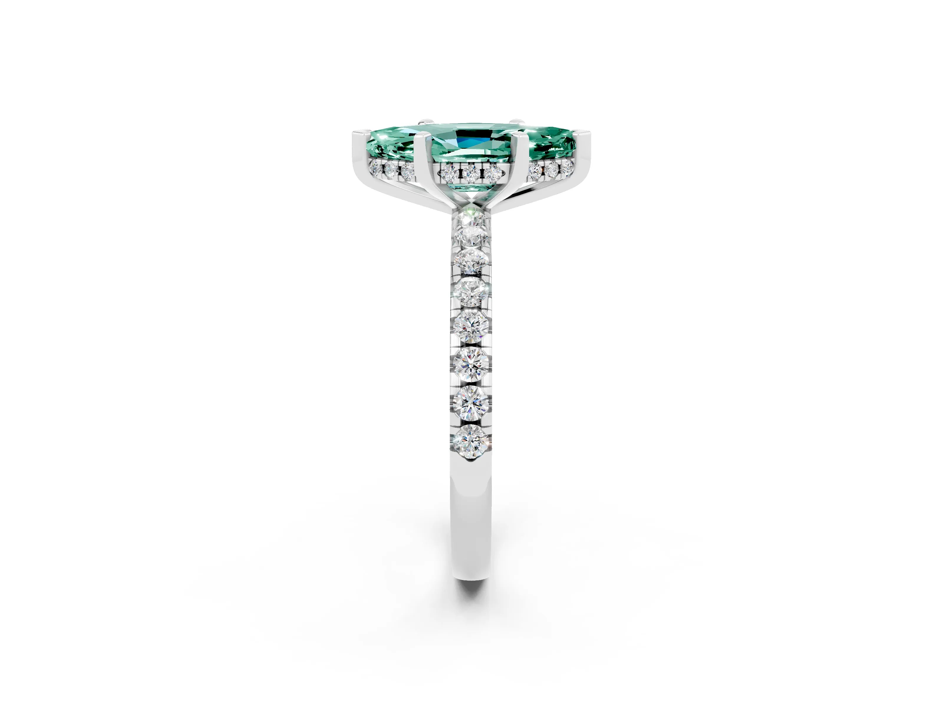 White gold Marquise Cut Green Sapphire Solitaire Ring with Pavé Band and Four-Prong Setting_26