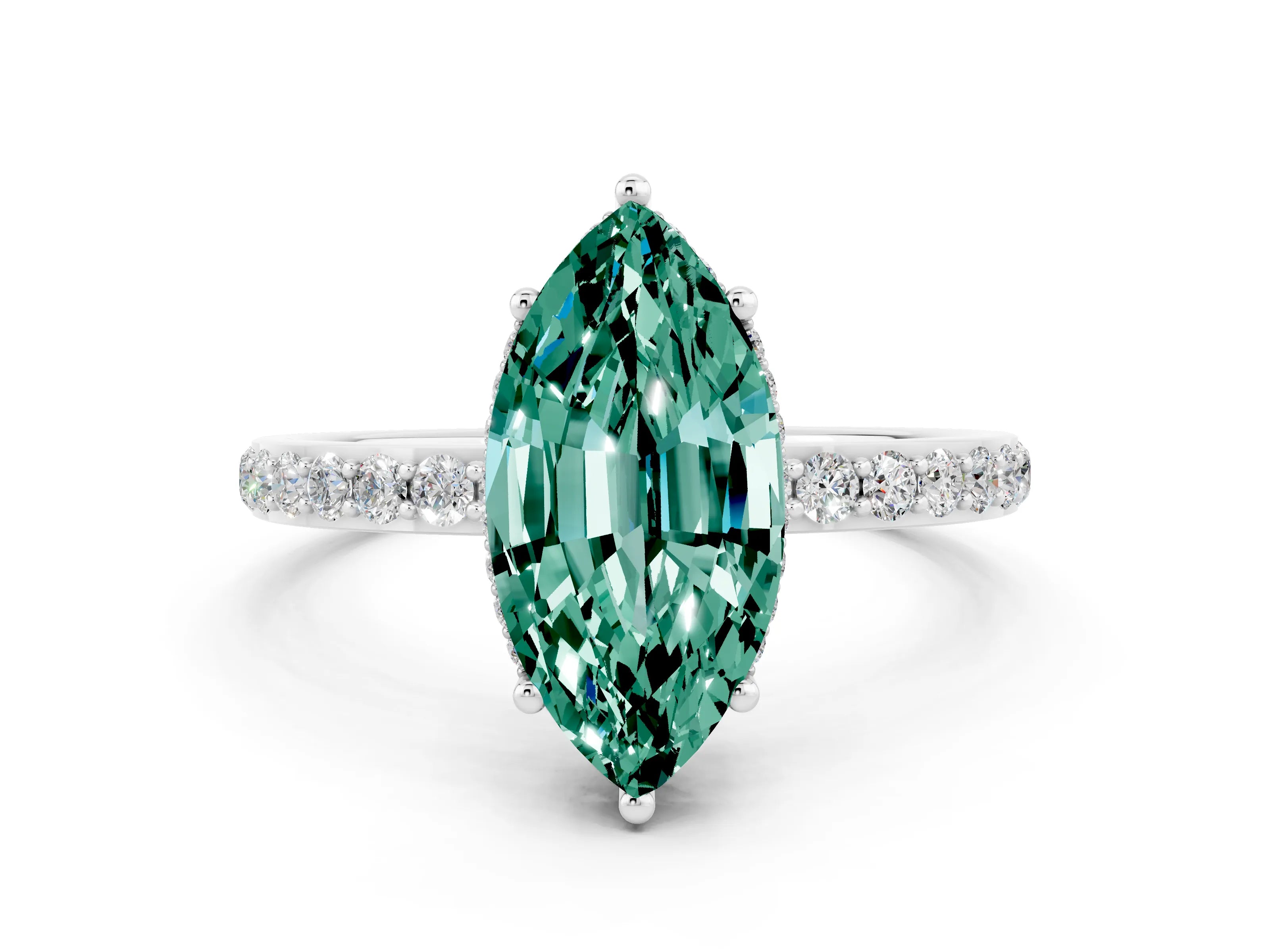 White gold Marquise Cut Green Sapphire Solitaire Ring with Pavé Band and Hidden Halo