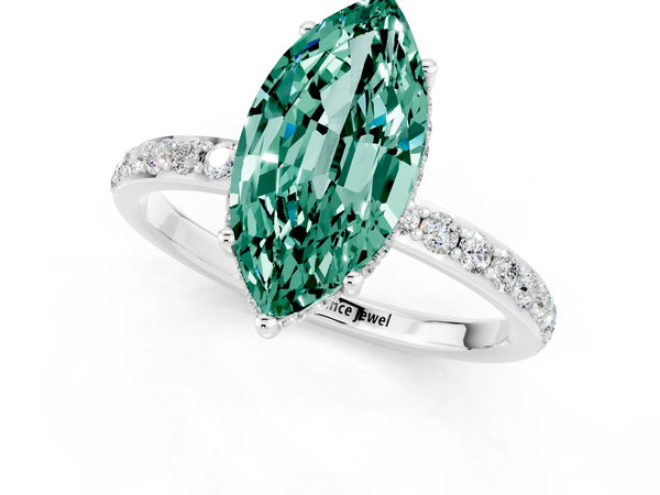 Platinum Marquise Cut Green Sapphire Solitaire Ring with Pavé Band and Hidden Halo
