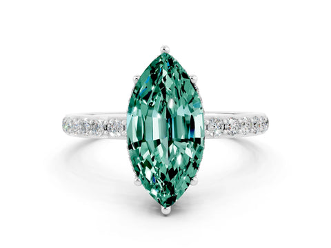 White gold Marquise Cut Green Sapphire Solitaire Ring with Pavé Band and Hidden Halo_24