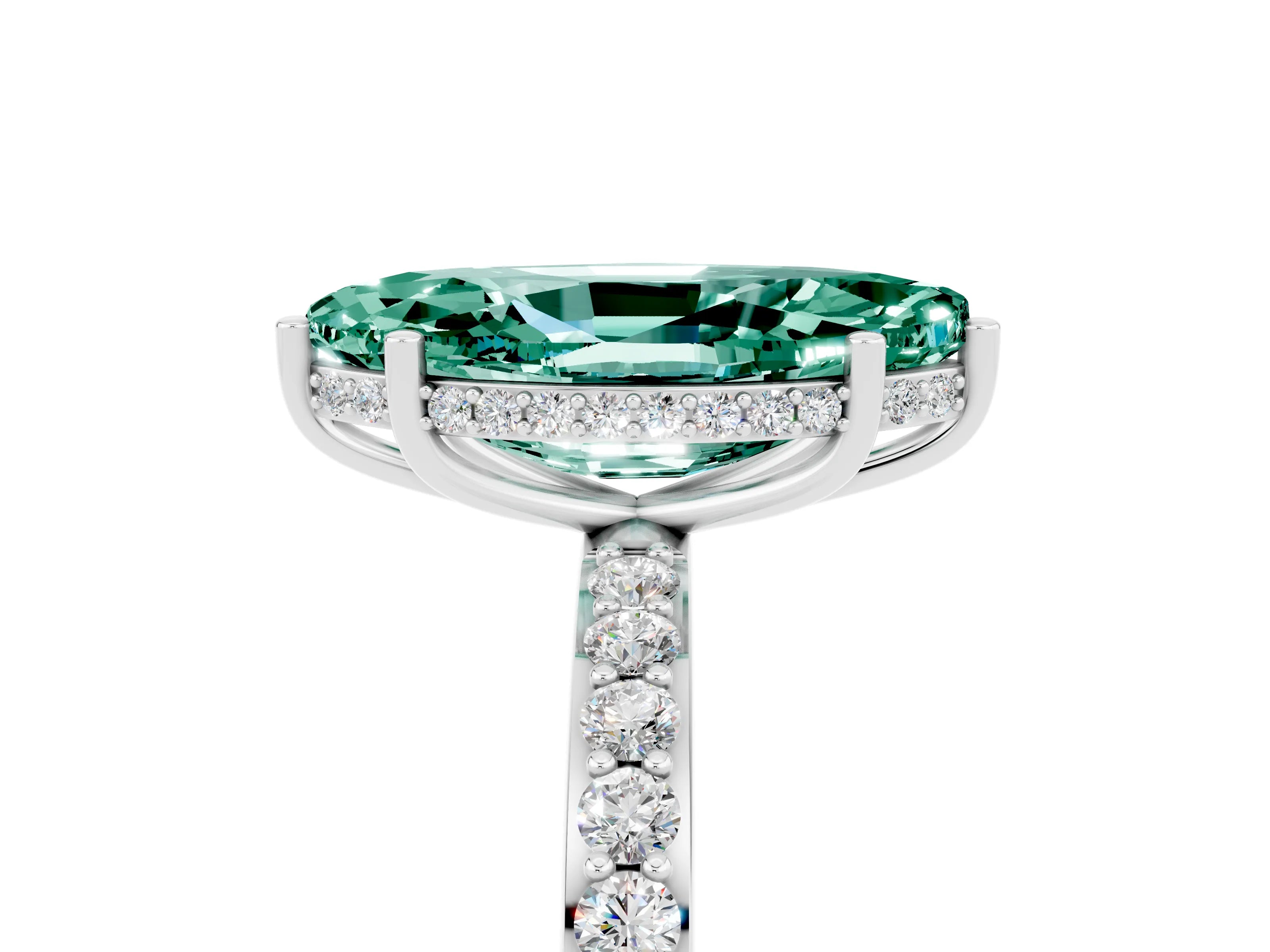 White gold Marquise Cut Green Sapphire Solitaire Ring with Pavé Band and Hidden Halo_29