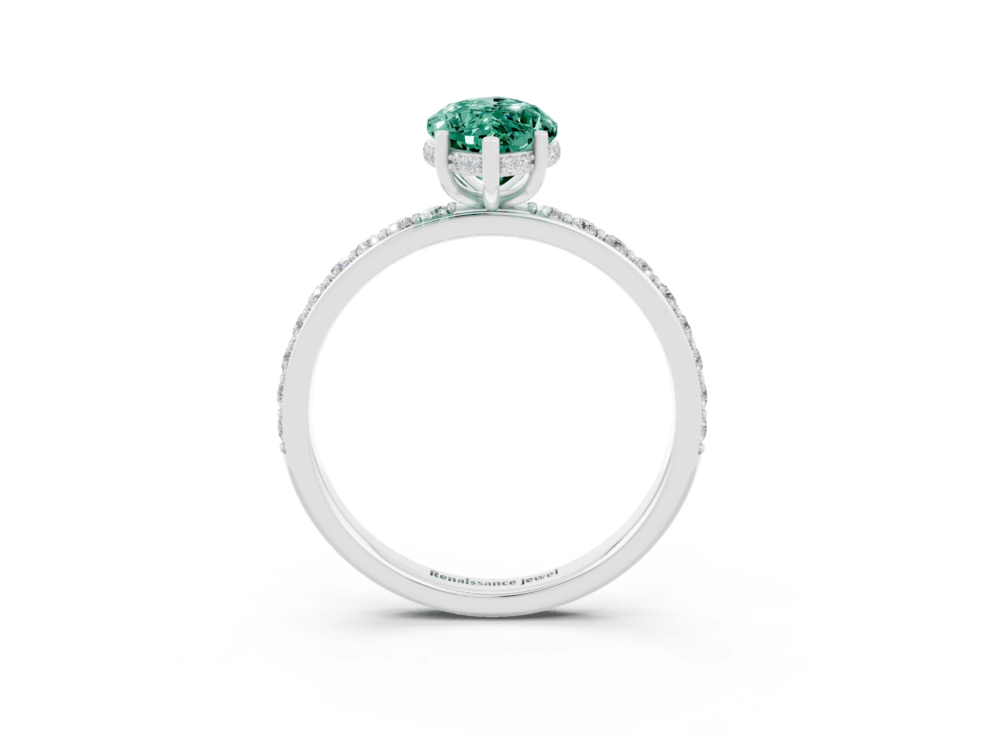White gold Marquise Cut Green Sapphire Solitaire Ring with Pavé Band and Hidden Halo_3