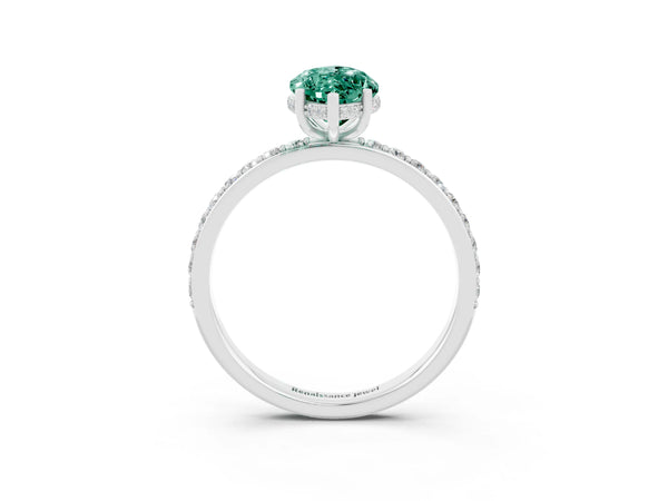 Silver Marquise Cut Green Sapphire Solitaire Ring with Pavé Band and Hidden Halo