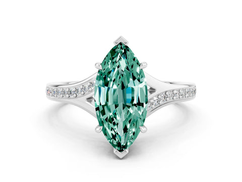 White gold Marquise Cut Green Sapphire Solitaire Ring with Pavé Band and Prong Setting_12