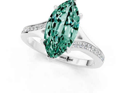 White gold Marquise Cut Green Sapphire Solitaire Ring with Pavé Band and Prong Setting_13