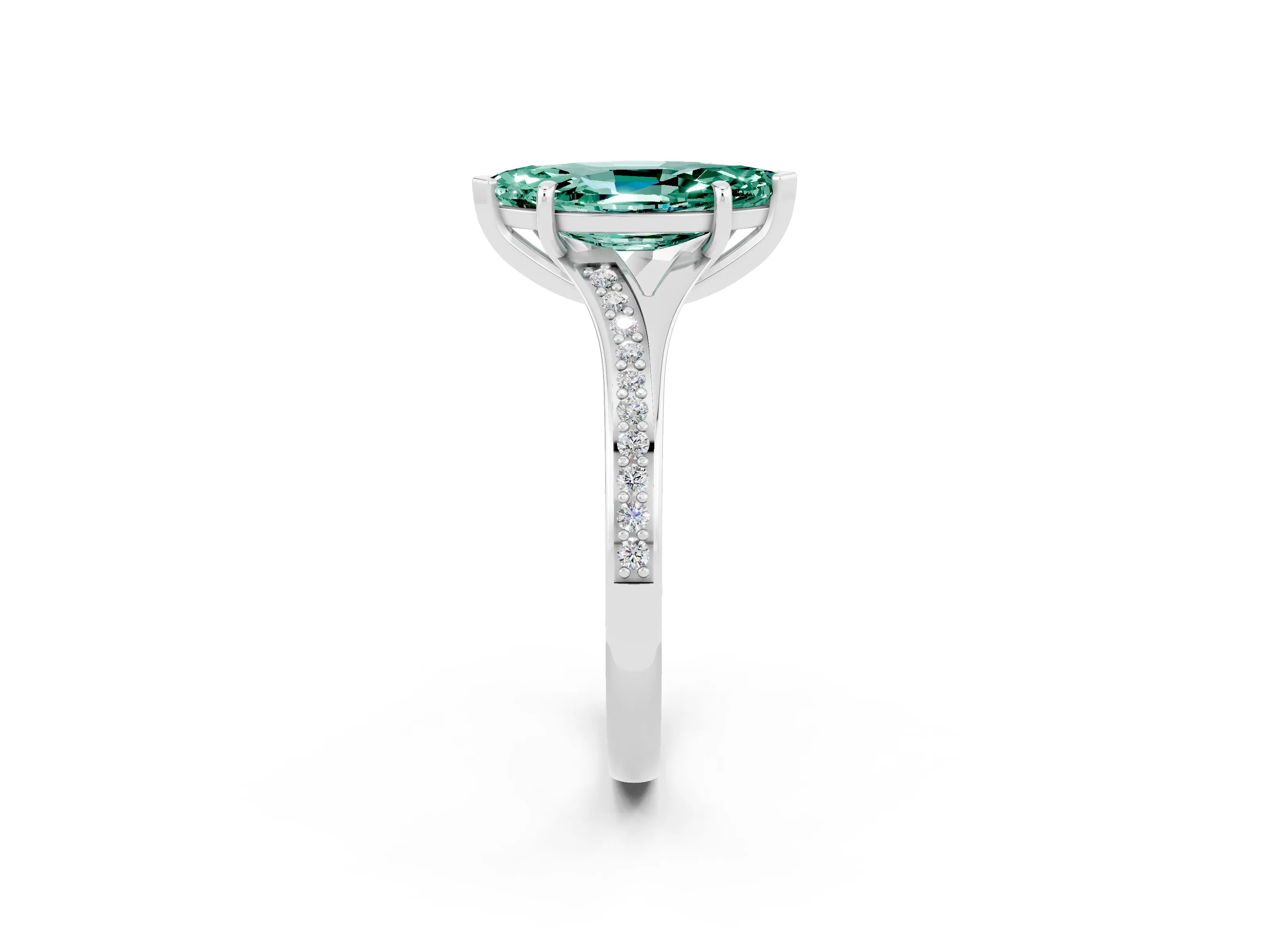 White gold Marquise Cut Green Sapphire Solitaire Ring with Pavé Band and Prong Setting_14