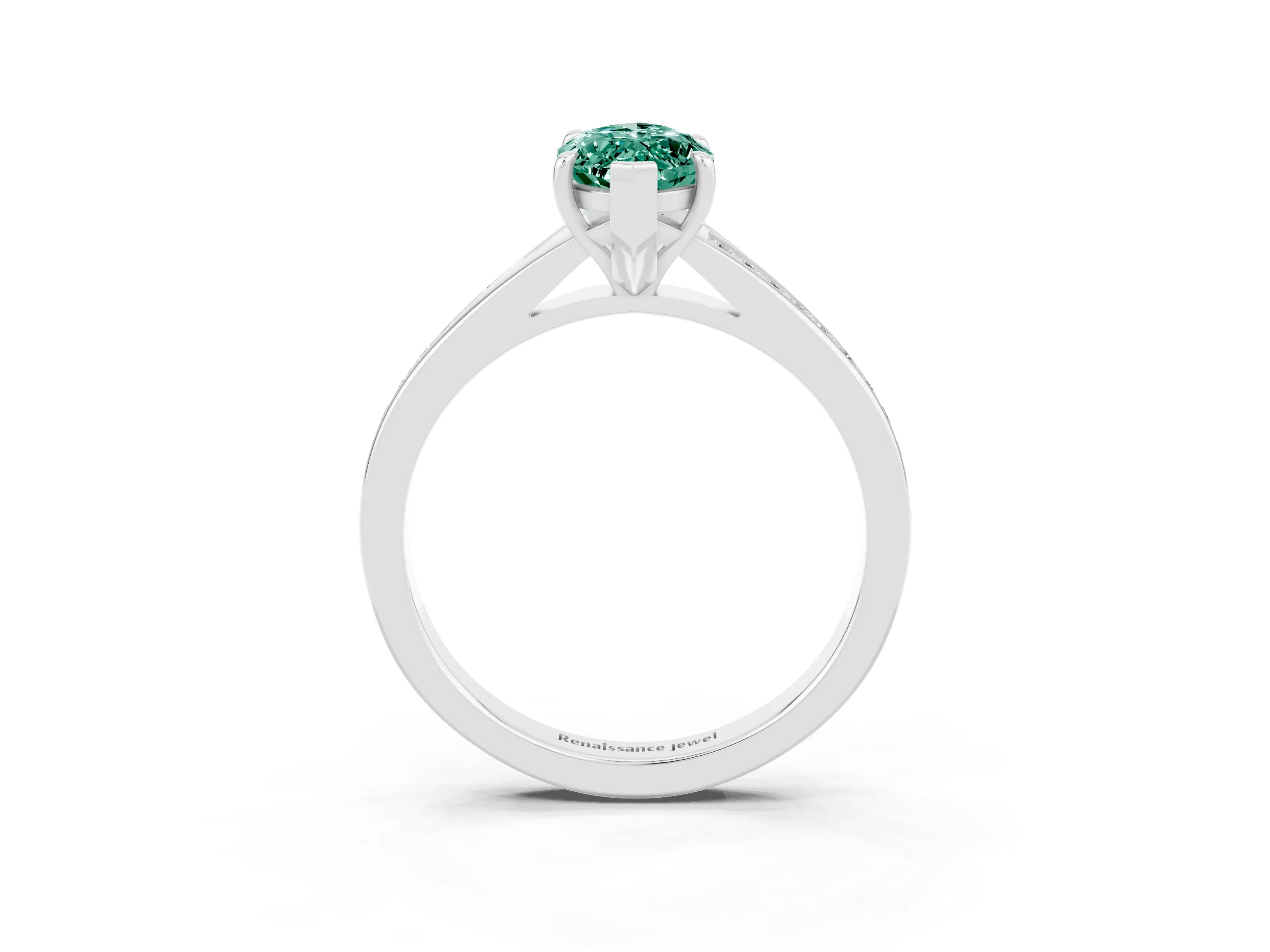 White gold Marquise Cut Green Sapphire Solitaire Ring with Pavé Band and Prong Setting_15