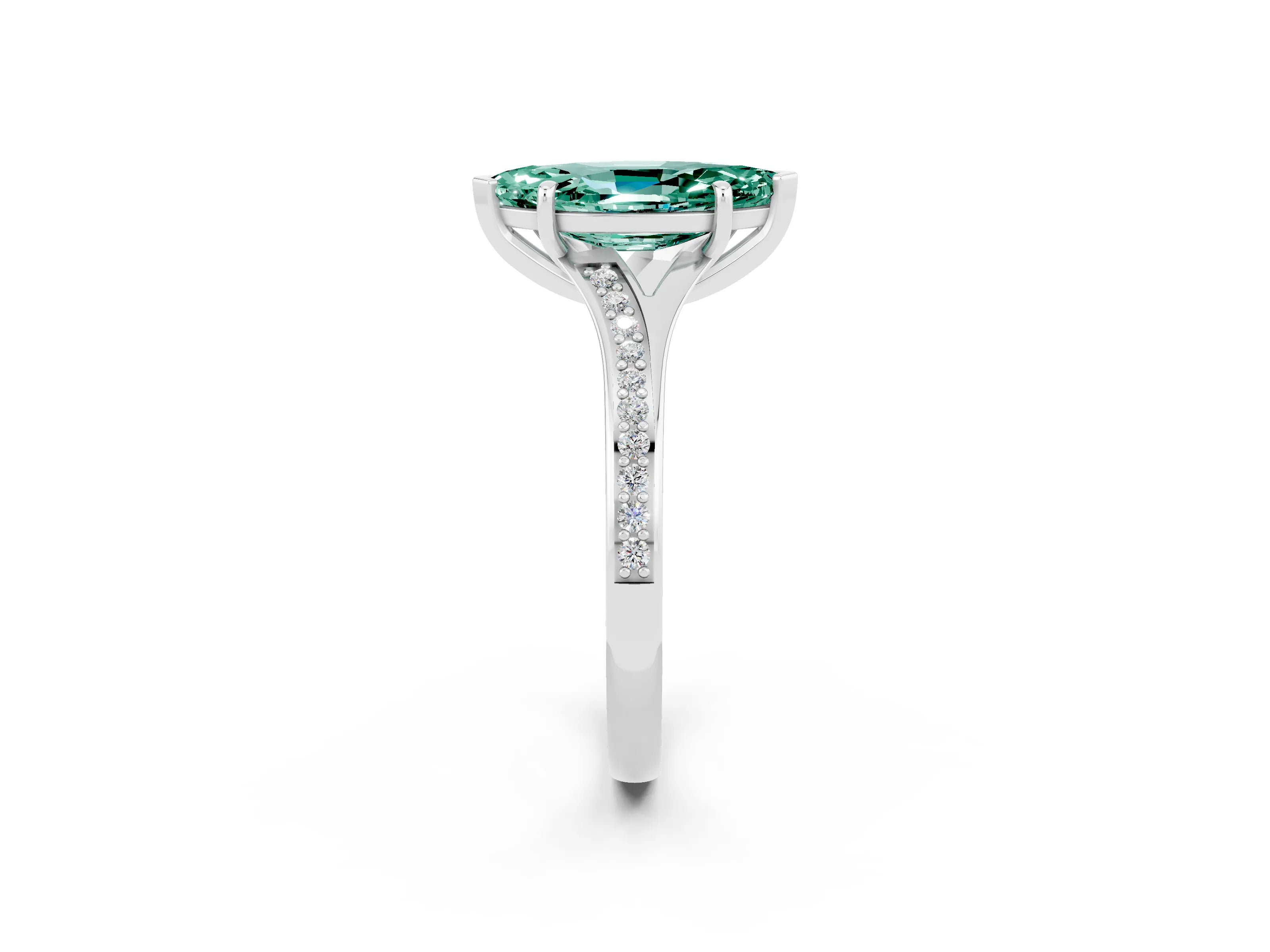White gold Marquise Cut Green Sapphire Solitaire Ring with Pavé Band and Prong Setting_2