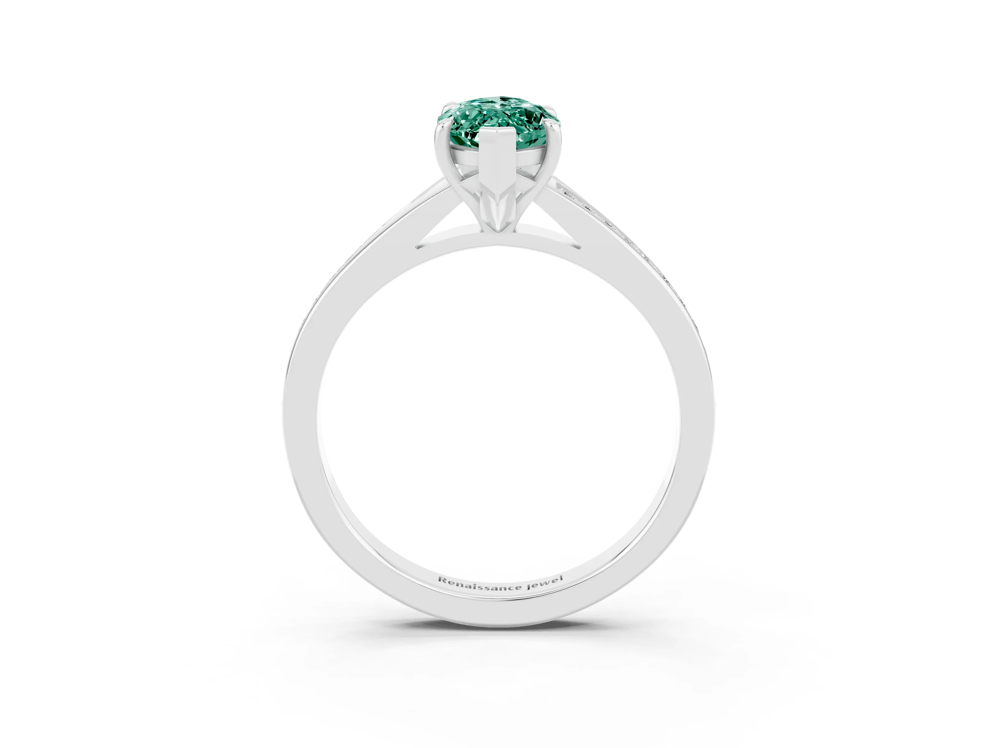 White gold Marquise Cut Green Sapphire Solitaire Ring with Pavé Band and Prong Setting_3