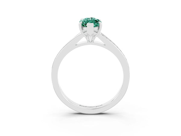 White gold Marquise Cut Green Sapphire Solitaire Ring with Pavé Band and Prong Setting