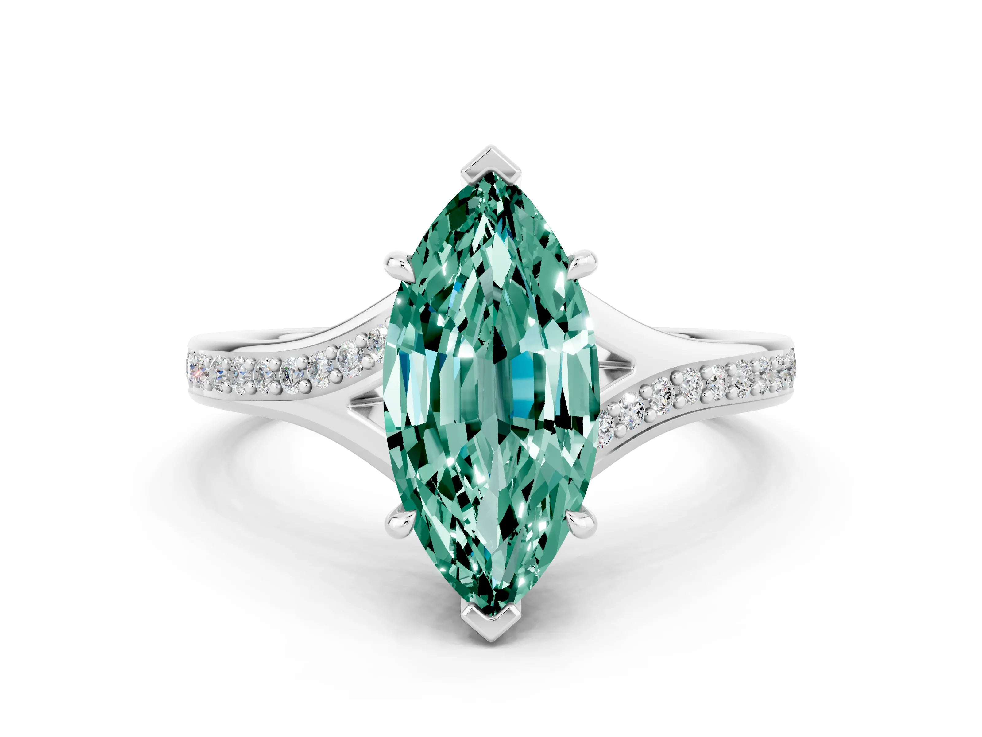 White gold Marquise Cut Green Sapphire Solitaire Ring with Pavé Band and Prong Setting