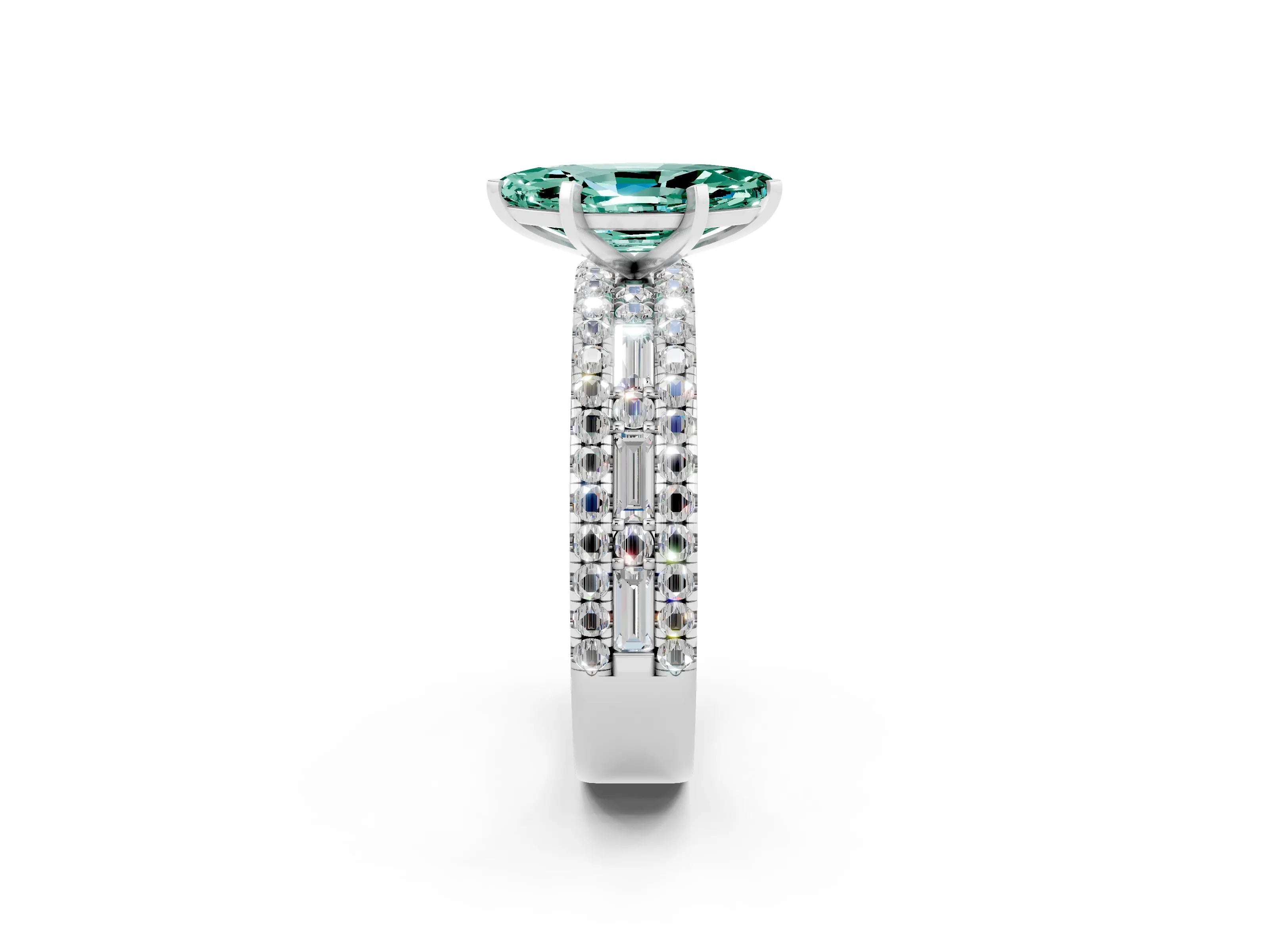 White gold Marquise Cut Green Sapphire Solitaire Ring with Pavé and Channel Set Band_2