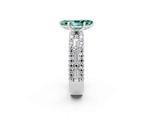 White gold Marquise Cut Green Sapphire Solitaire Ring with Pavé and Channel Set Band