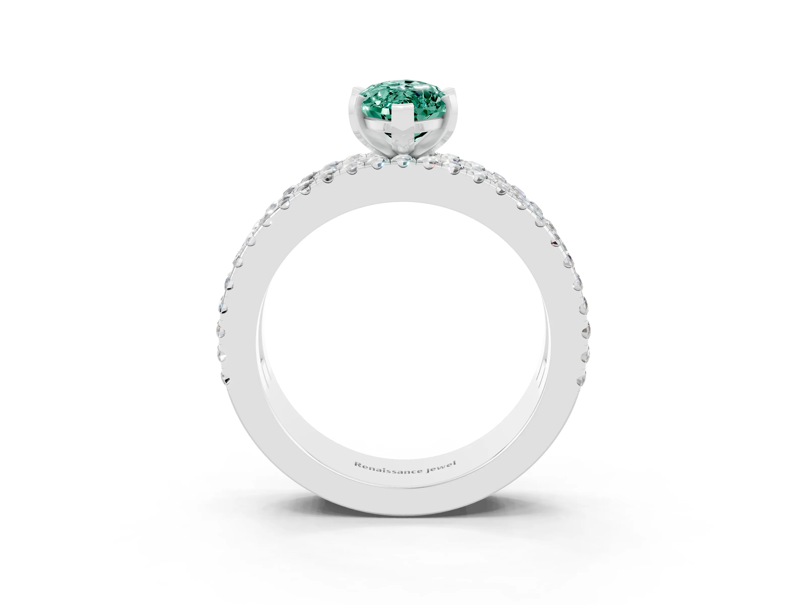 White gold Marquise Cut Green Sapphire Solitaire Ring with Pavé and Channel Set Band_3