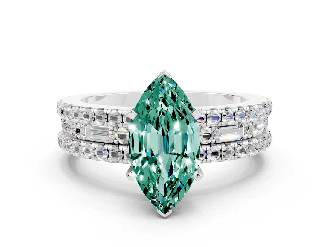 White gold Marquise Cut Green Sapphire Solitaire Ring with Pavé and Channel Set Band