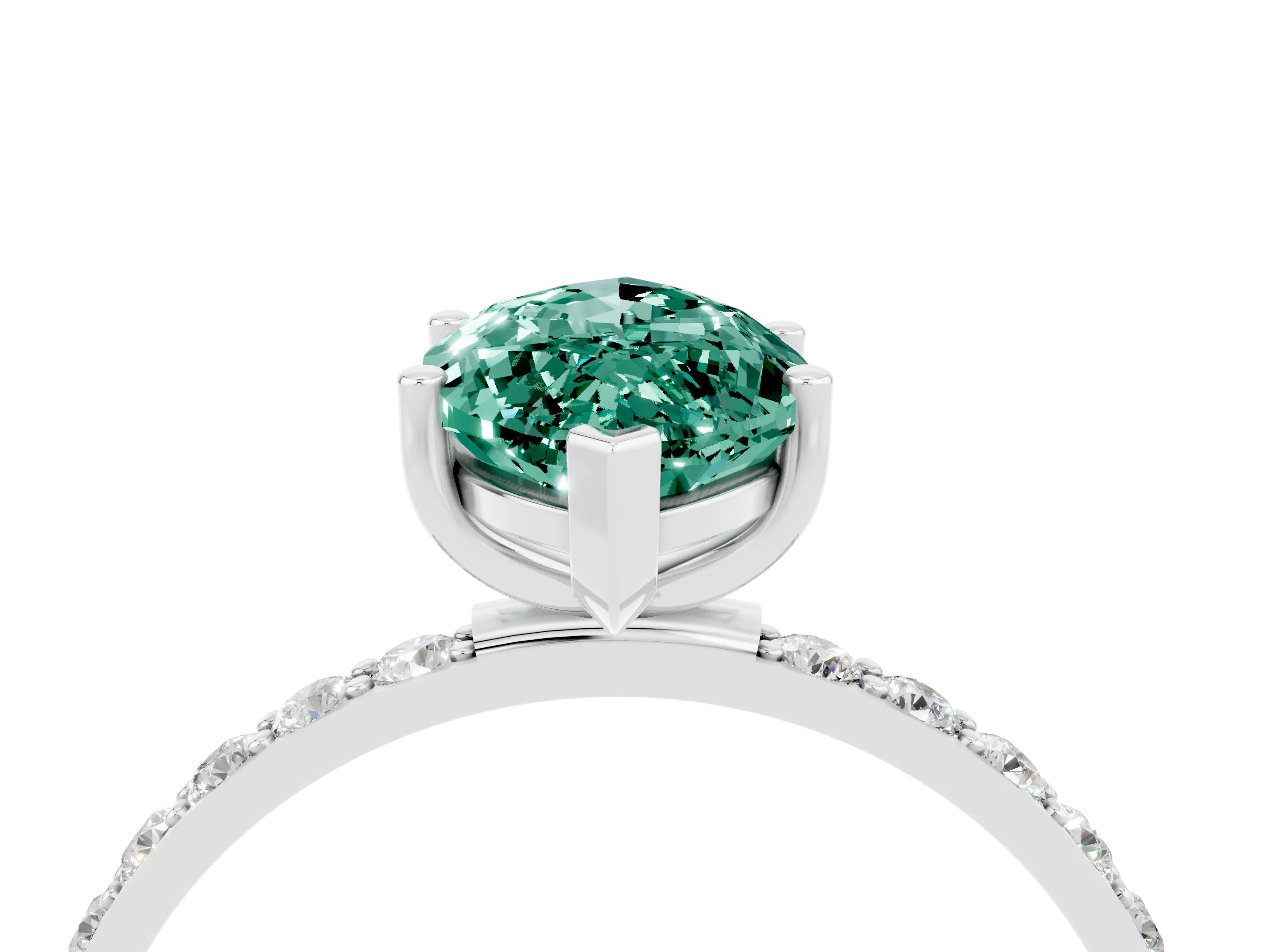 White gold Marquise Cut Green Sapphire Solitaire Ring with Pave Band and Four Prong Setting_16