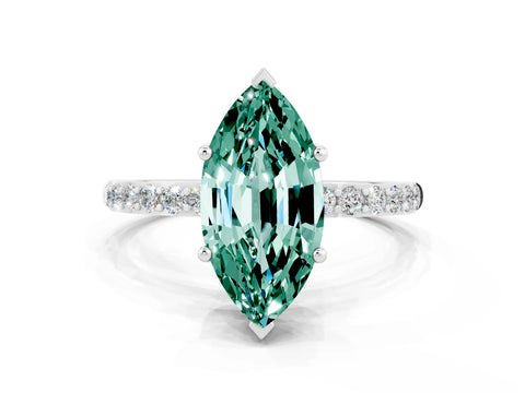 White gold Marquise Cut Green Sapphire Solitaire Ring with Pave Band and Four Prong Setting_24